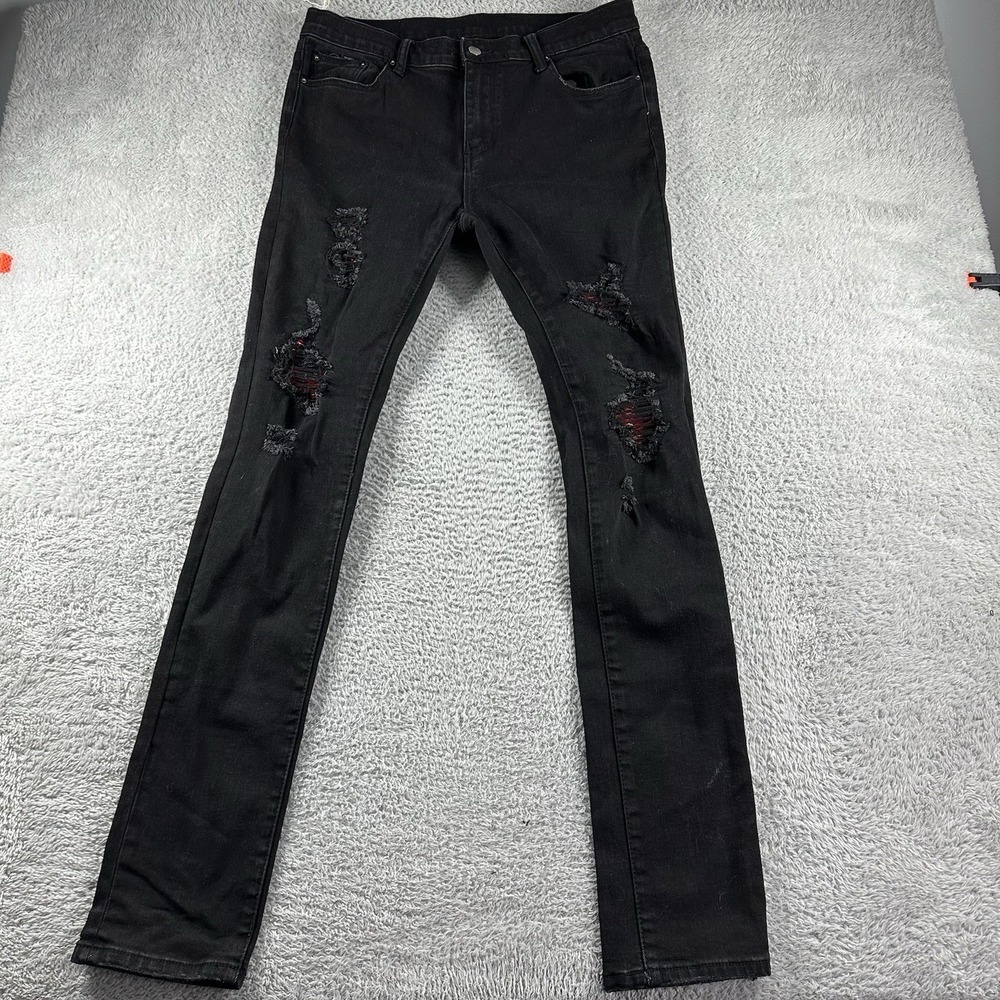 MNML Jeans Mens 36x33 Black Skinny Distress Rips Artist Grunge Red Accent